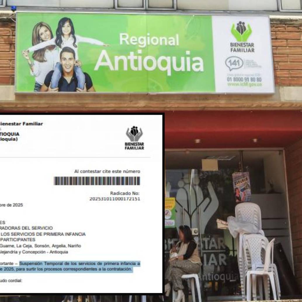 Adelante, circular en la que se advierte de la suspensión. Atrás, sede regional del ICBF en Antioquia. FOTO: Camilo Suárez y cortesía