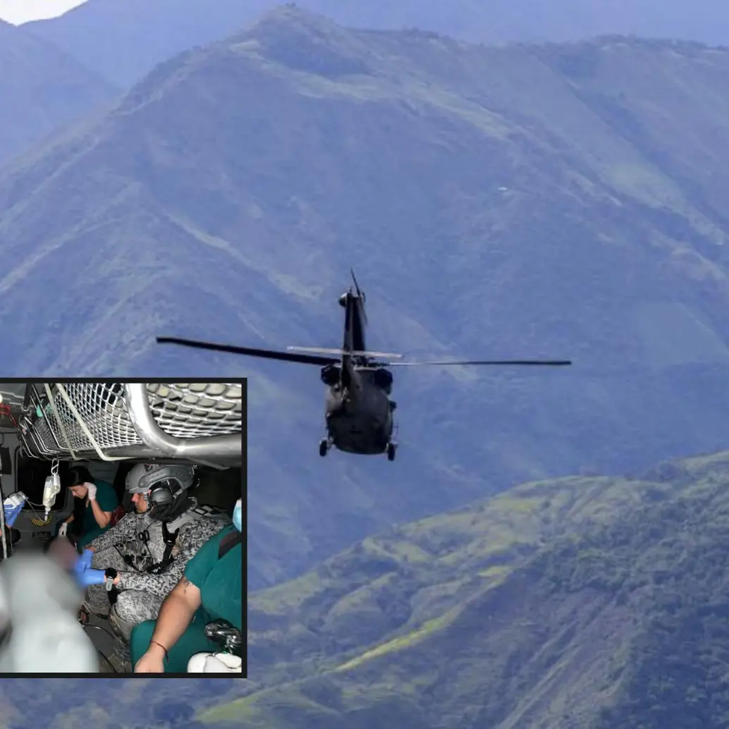 Adelante, la tripulación a cargo del rescate. Atrás,imagen de referencia de un helicóptero de la FAC. Foto: Juan Antonio Sánchez Ocampo y cortesía