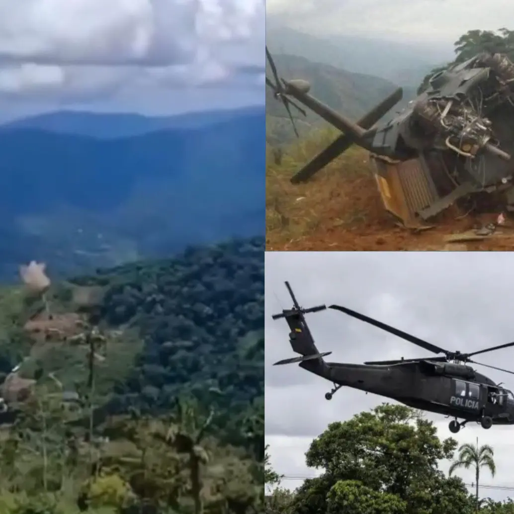 Los presuntos responsables del atentado verificaron desde lejos el éxito del ataque al helicóptero de la Policía en Amalfi, el cual quedó destruido tras ser derribado. Fotos: EL COLOMBIANO y redes sociales