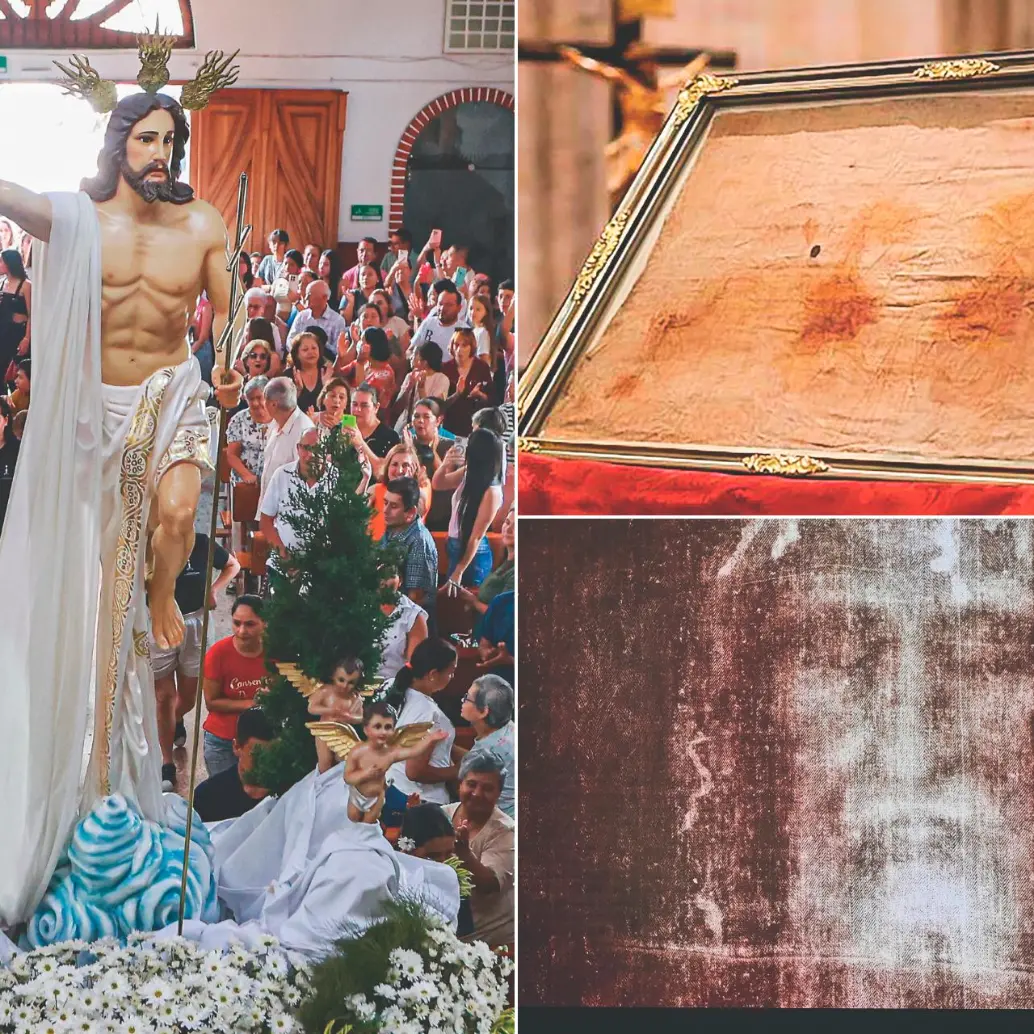 Hoy se festeja el Domingo de Resurrección y a la derecha los mantos que se conservan y con los que fue cubierto el cuerpo de Jesús. FOTOS Manuel Saldarriaga y Getty