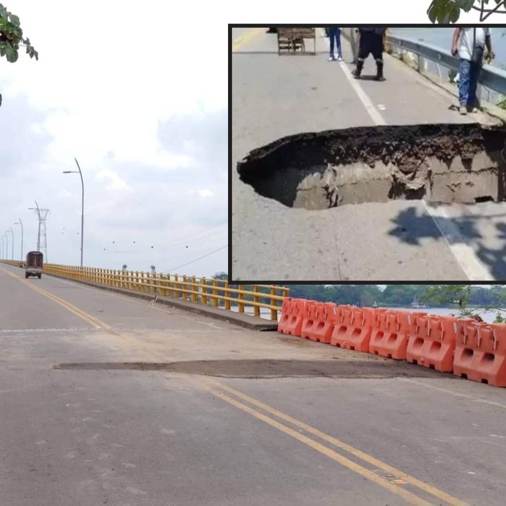 Adelante, la socavación presentada en uno de los extremos del puente. Atrás, el tránsito rehabilitado. FOTO: cortesía.