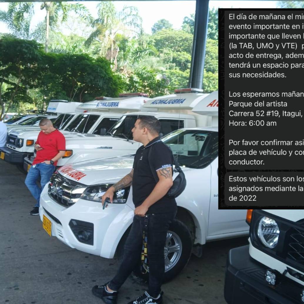Adelante, uno de los mensajes enviados a los convocados al evento del Ministerio de Salud. Atrás, algunas de las ambulancias “entregadas” en Itagüí. FOTO: Cortesía.