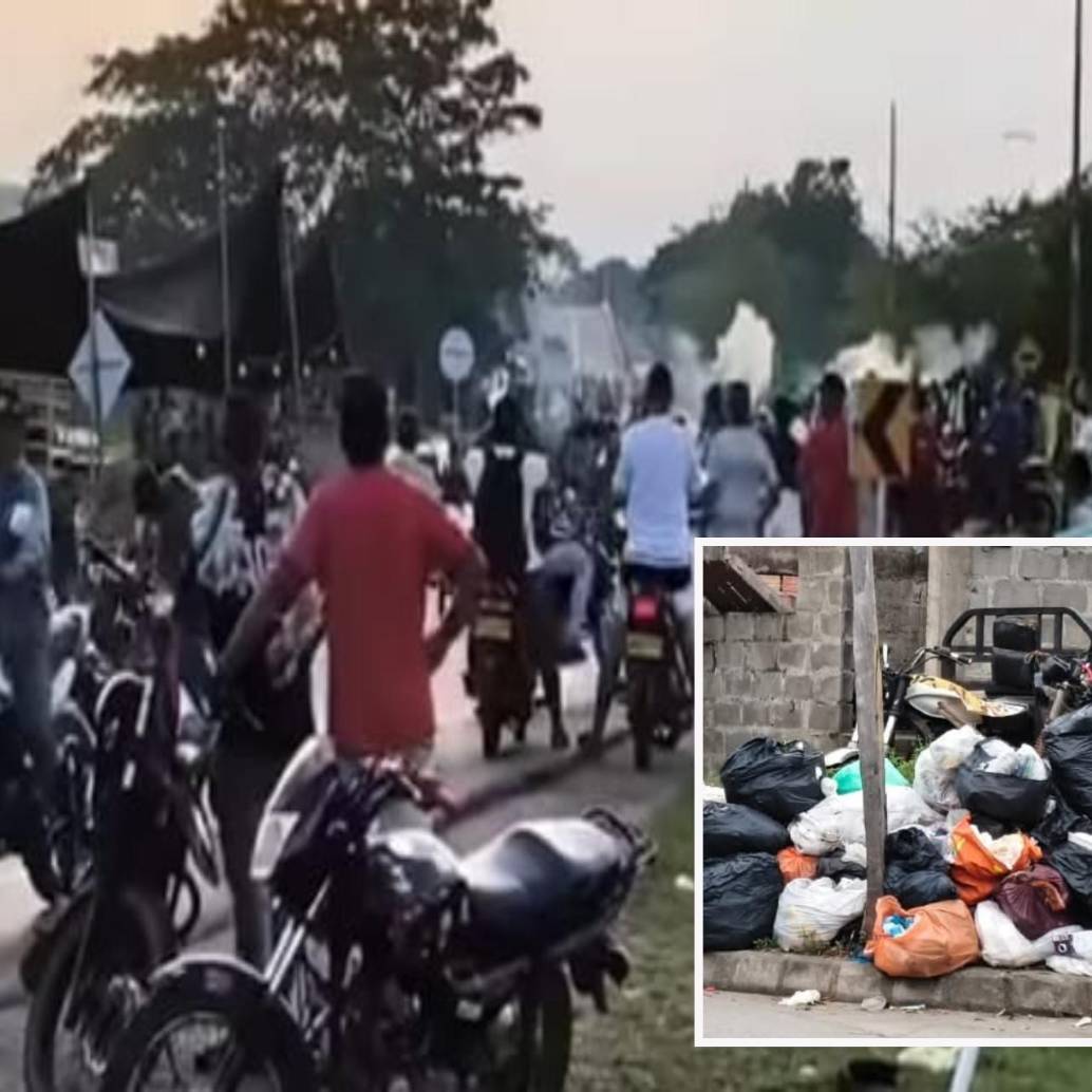 Adelante, basuras acumuladas en Caucasia. Atrás, un bloqueo en una de las vías. FOTO: imagen tomada de redes.