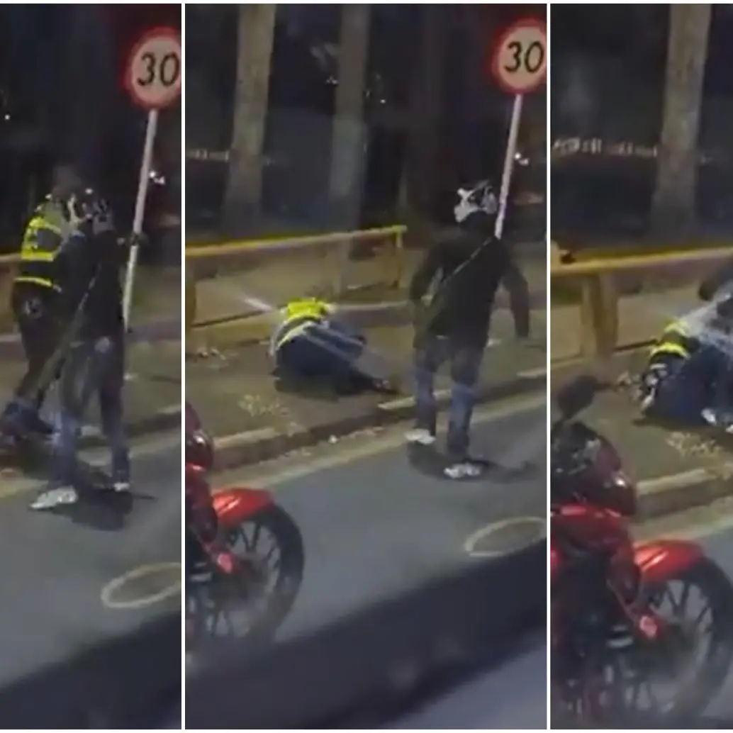 Secuencia de como el motociclista golpeo al agente de tránsito luego de que este lo detuviera al intentarse pasar el puesto de control en Cali. FOTO: Captura video de redes sociales @AntonioMinotta