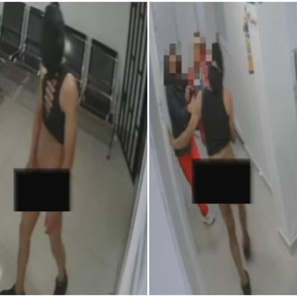 Secuencia de cómo el sujeto, que portaba solo una capucha, entró al lugar y, mientras se tocaba, perseguía a las mujeres que se encontraban allí. FOTO: Captura de video de redes sociales @ColombiaOscura