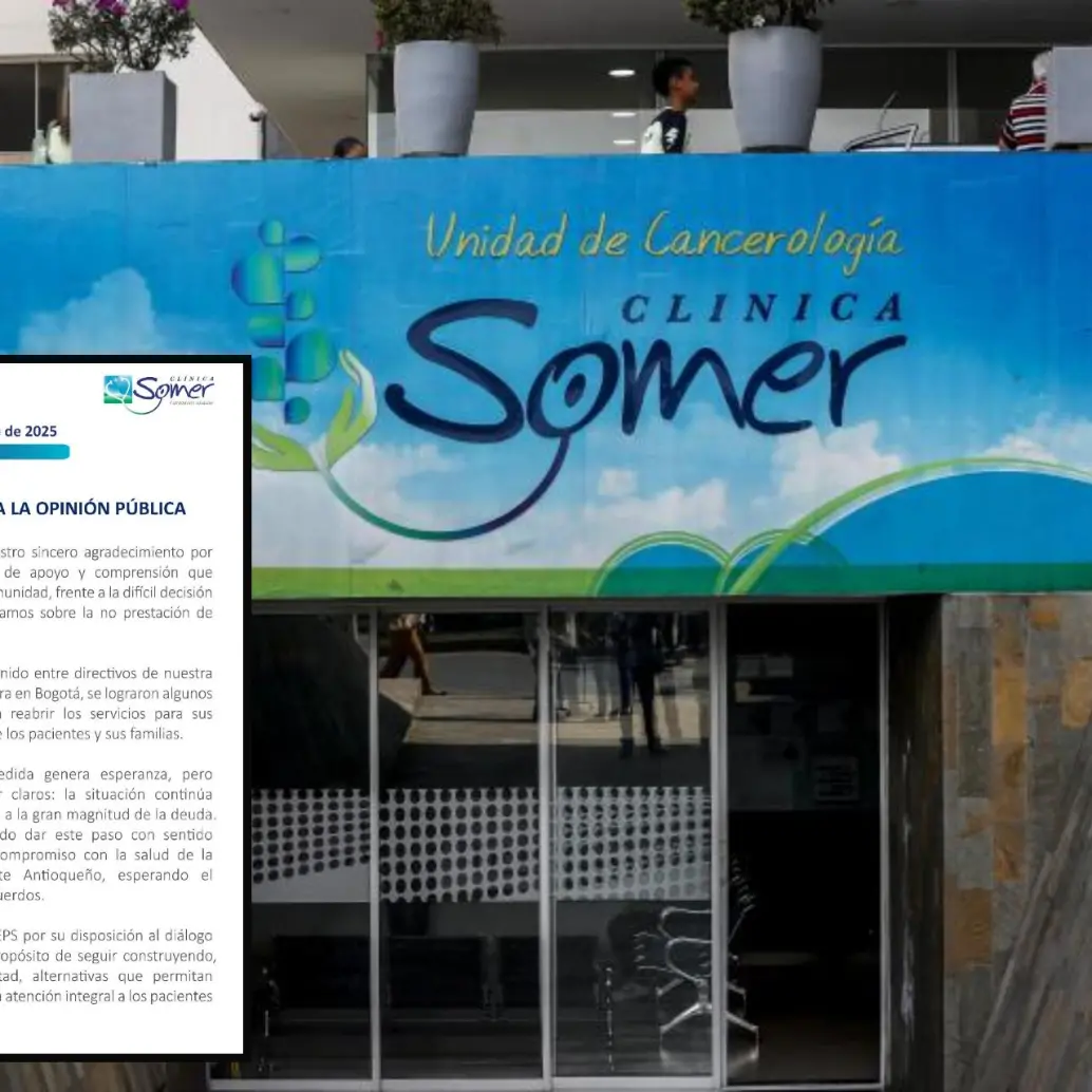 Adelante, el comunicado que daba cuenta de la reunión. Atrás, fachada de la Clínica Somer en Rionegro. Foto: Jaime Pérez Munévar