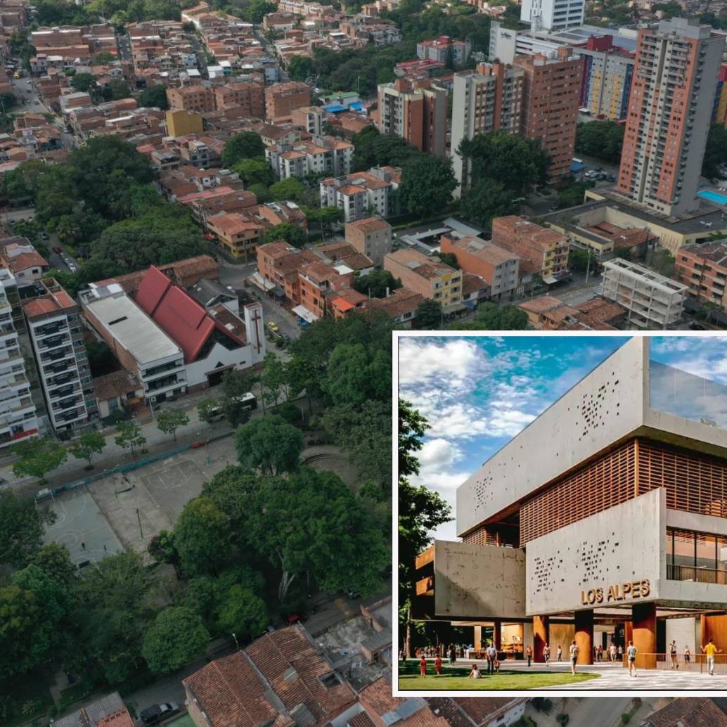 Adelante, un render sobre el Recreo que se construirá en Los Alpes. Atrás, panorámica de este barrio de la comuna de Belén. FOTO: Cortesía
