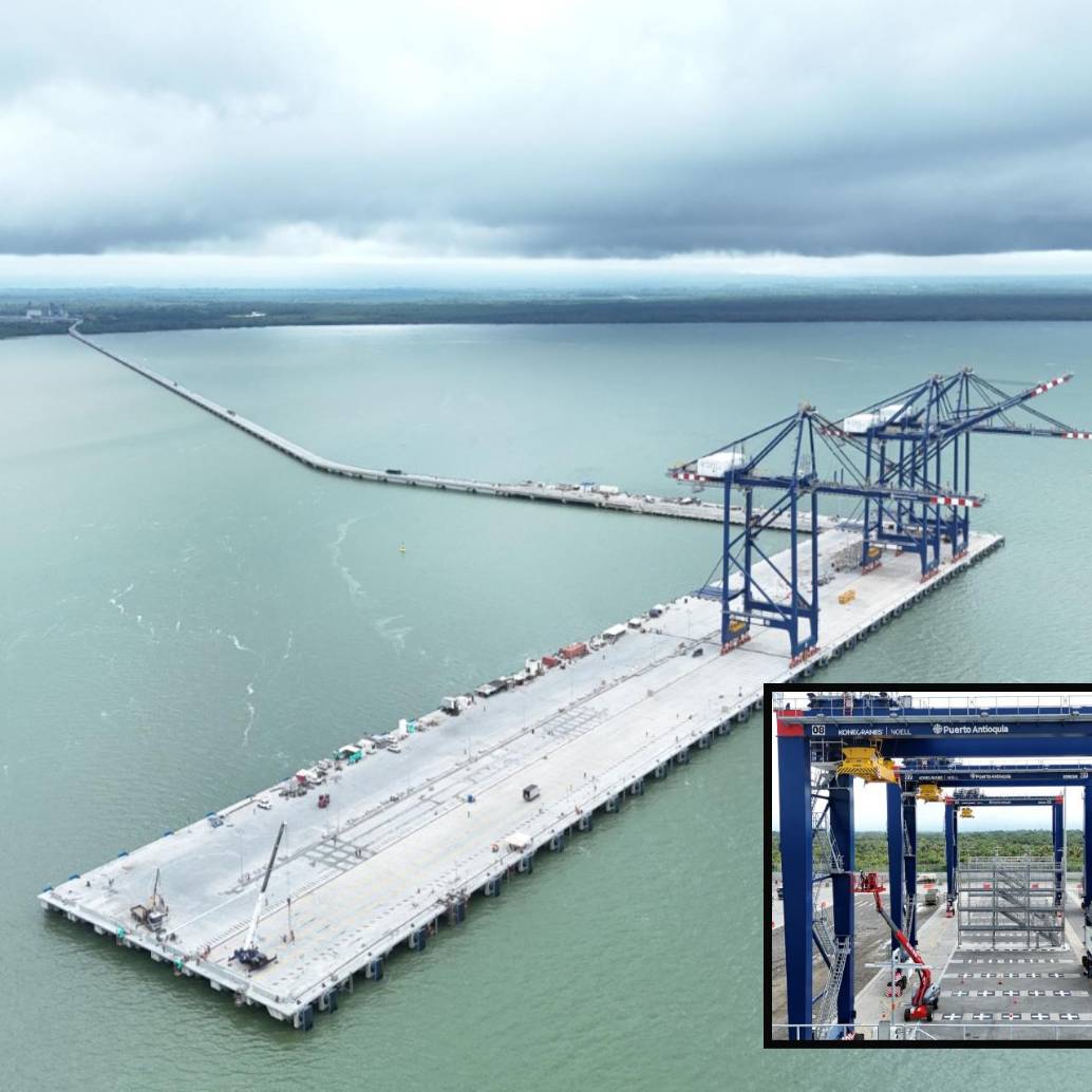 Adelante, las enormes grúas de contenedores con las que cuenta el puerto. Atrás, panorámica de Puerto Antioquia. FOTO: Cortesía