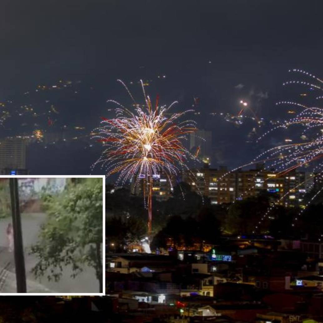 Adelante, las vecinas confrontando a los residentes que tiraban pólvora. Atrás, imagen de referencia del uso de pólvora en la ciudad. Foto: Juan Antonio Sánchez Ocampo y Cortesía Denuncias Antioquia.