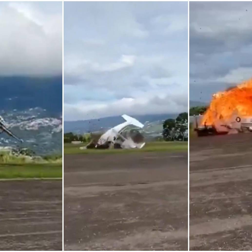 Secuencia del accidente de la avioneta en aeropuerto de Venezuela en donde los dos tripulantes del vehículo perdieron la vida tras la explosión. FOTO: Captura video de redes sociales @AlertaMundoNews