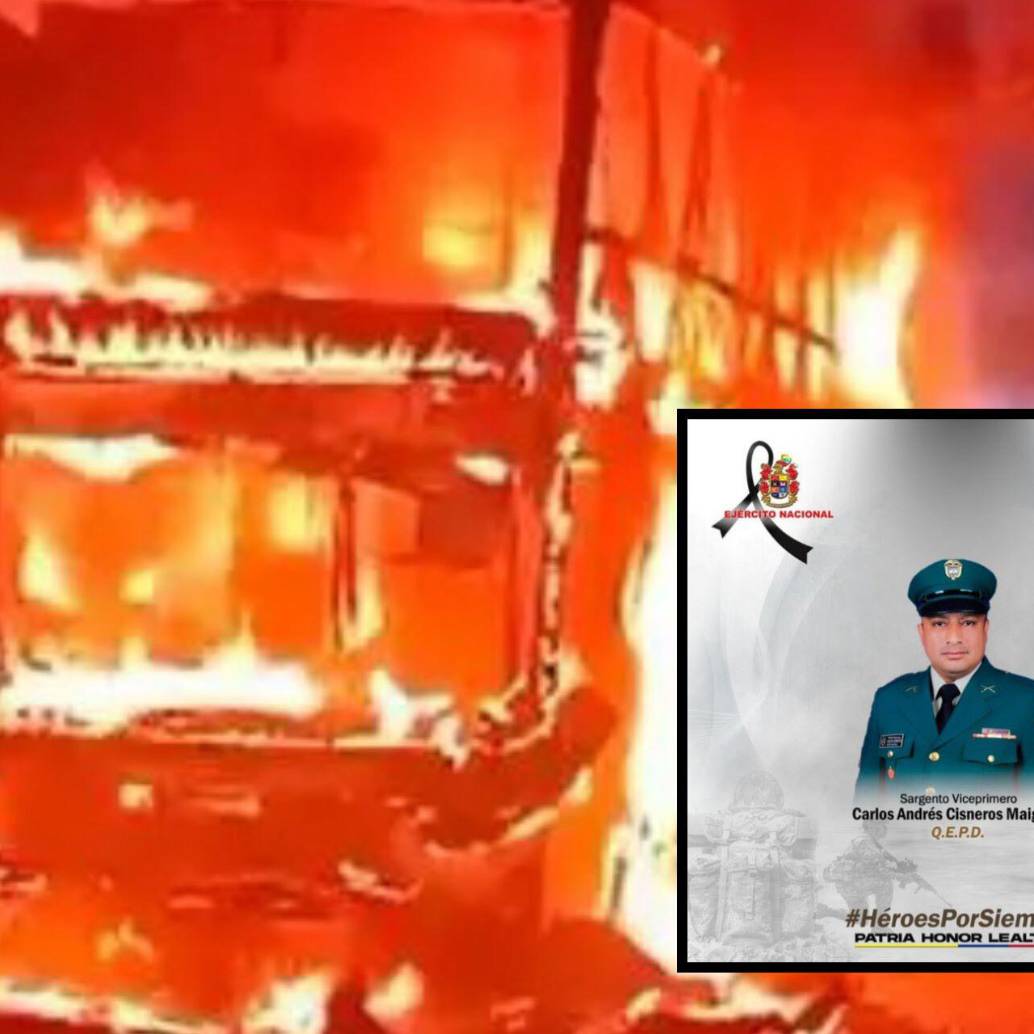 El militar muerto en el bus incinerado en Caquetá fue identificado como el sargento Cisneros. Fotos: Captura de video y Ejército. 