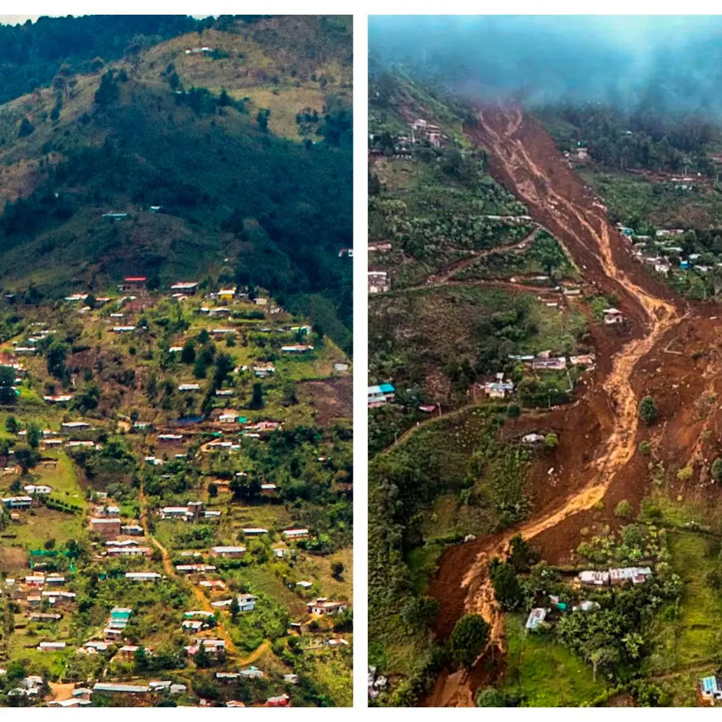 Esta zona deprimida, incrustada a la fuerza en la parte más alta de la ladera nororiental del Valle de Aburrá, se viene poblando desde 1995. La montaña se desprendió el pasado martes. FOTO CAMILO SUÁREZ Y ARCHIVO EL COLOMBIANO