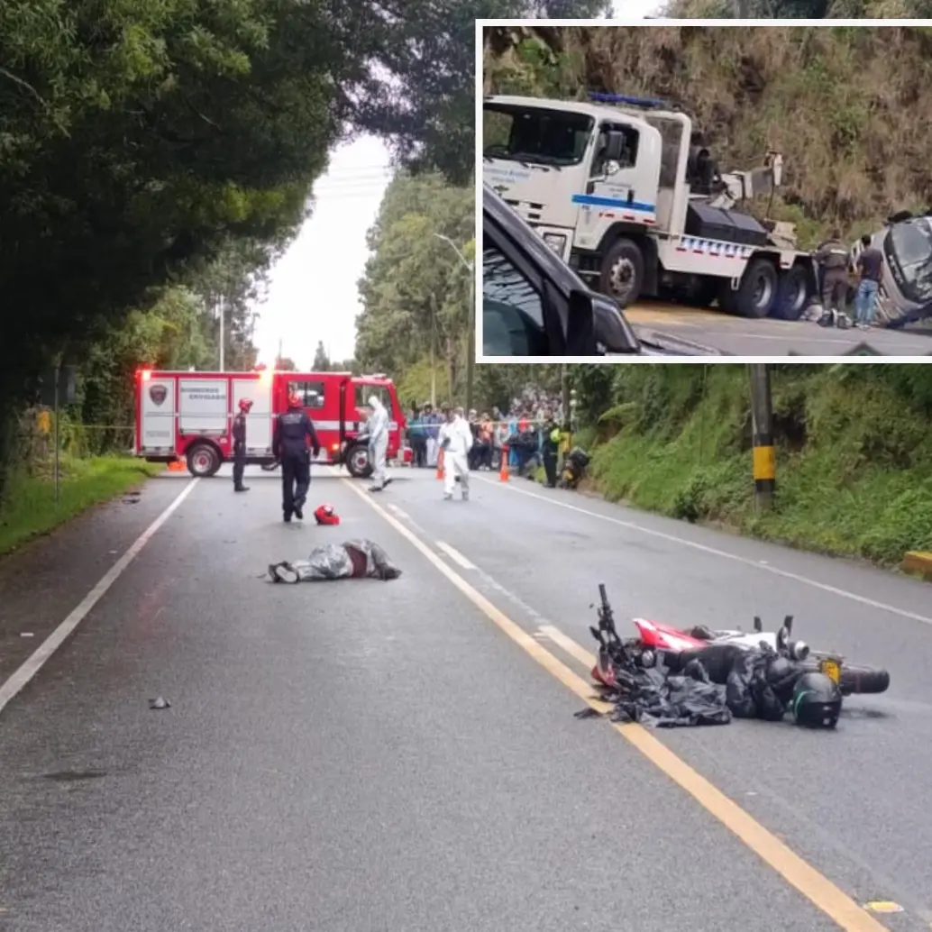 Adelante, uno de los siniestros viales ocurrido en Medellín. Atrás, el fatal accidente sucedido en Envigado.FOTO: Cortesía Denuncias Antioquia