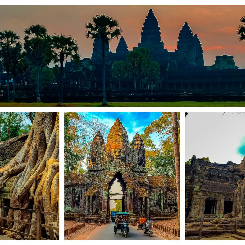 Arriba: Amanecer en Angkor Wat; el sol se levanta detrás de las icónicas cinco torres del templo. Abajo a la izquierda y a la derecha: El complejo de templos de Ta Prohm, ubicado en el parque arqueológico de Angkor. Abajo en el centro: Puerta Sur de Angkor Thom, famosa por sus torres de caras. FOTOS JUAN DIEGO ORTIZ JIMÉNEZ