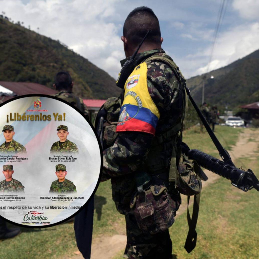 Cuatros militares completaron más de un mes en cautiverio por las disidencias de alias Iván Mordisco. Fotos: AFP y Ejército Nacional