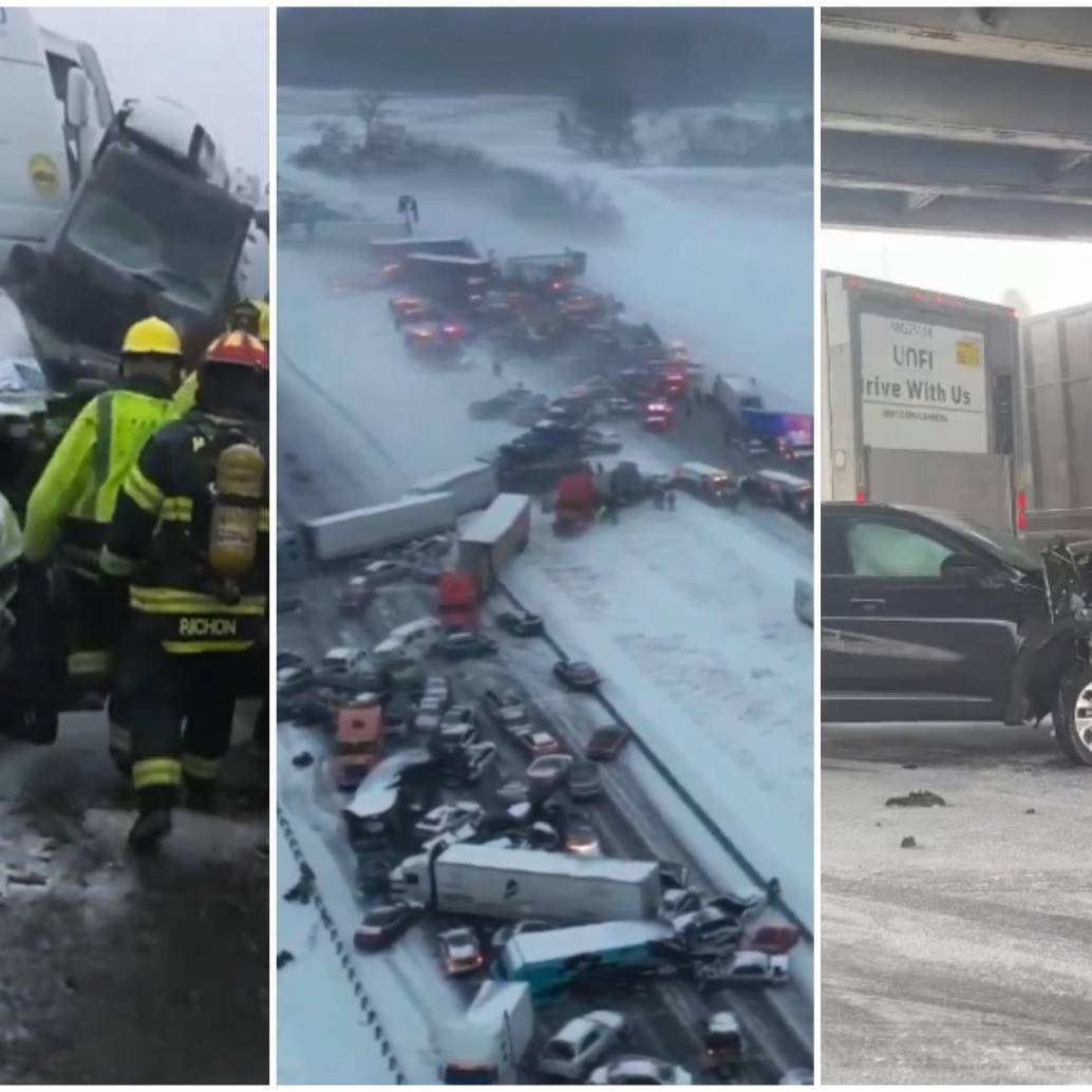 El accidente incluyó a entre 30 y 40 furgones que bloquearon la típicamente ocupada interestatal y dejó un total de 12 heridos hasta ahora. FOTO: Captura video de redes sociales @AlertaMundoNews y @WeatherMonitors