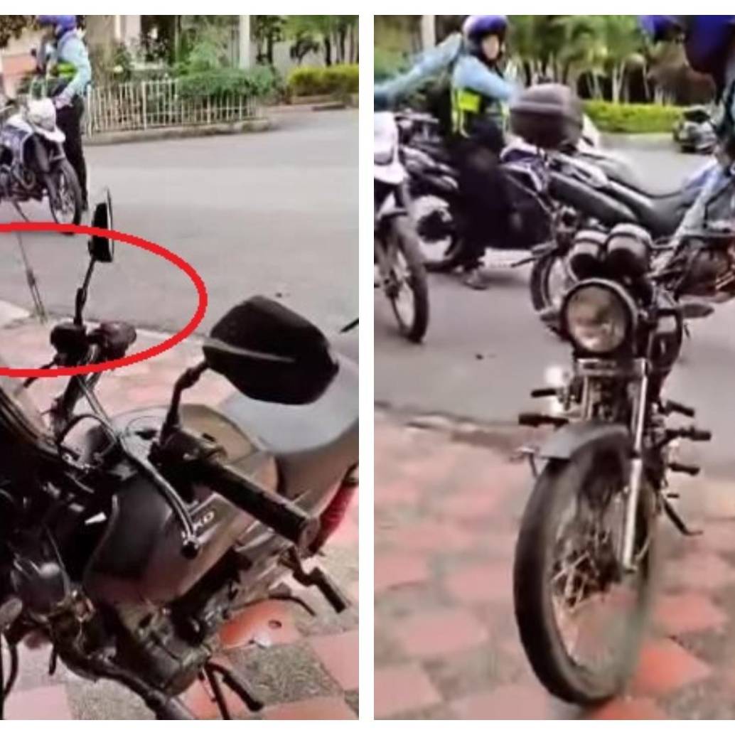 A la izquierda, la distancia entre la moto y la acera. A la derecha, momento en el que el agente retira la motocicleta de un espacio privado. FOTO: imagen tomada de redes.