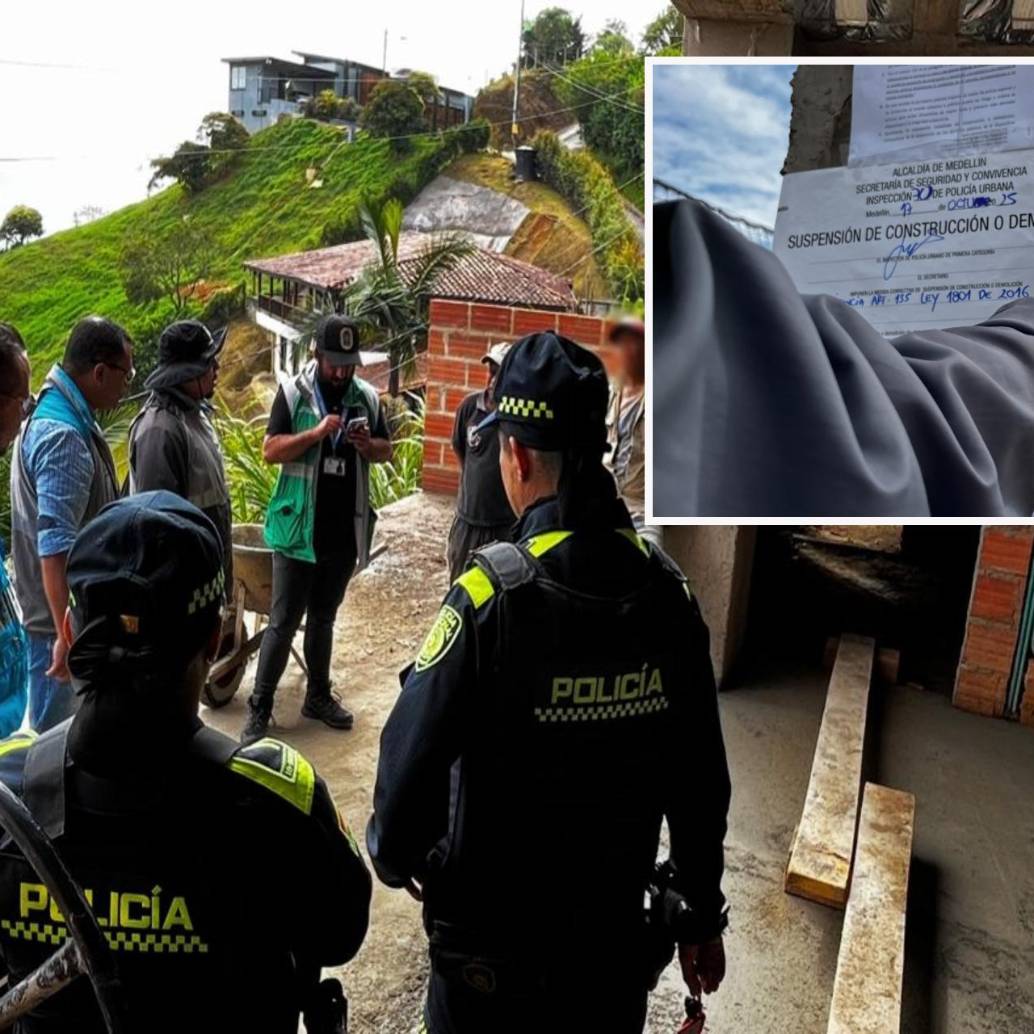 Adelante, una de las construcciones sancionadas. Atrás, funcionarios durante una de las visitas a la zona.FOTO: Cortesía Alcaldía de Medellín
