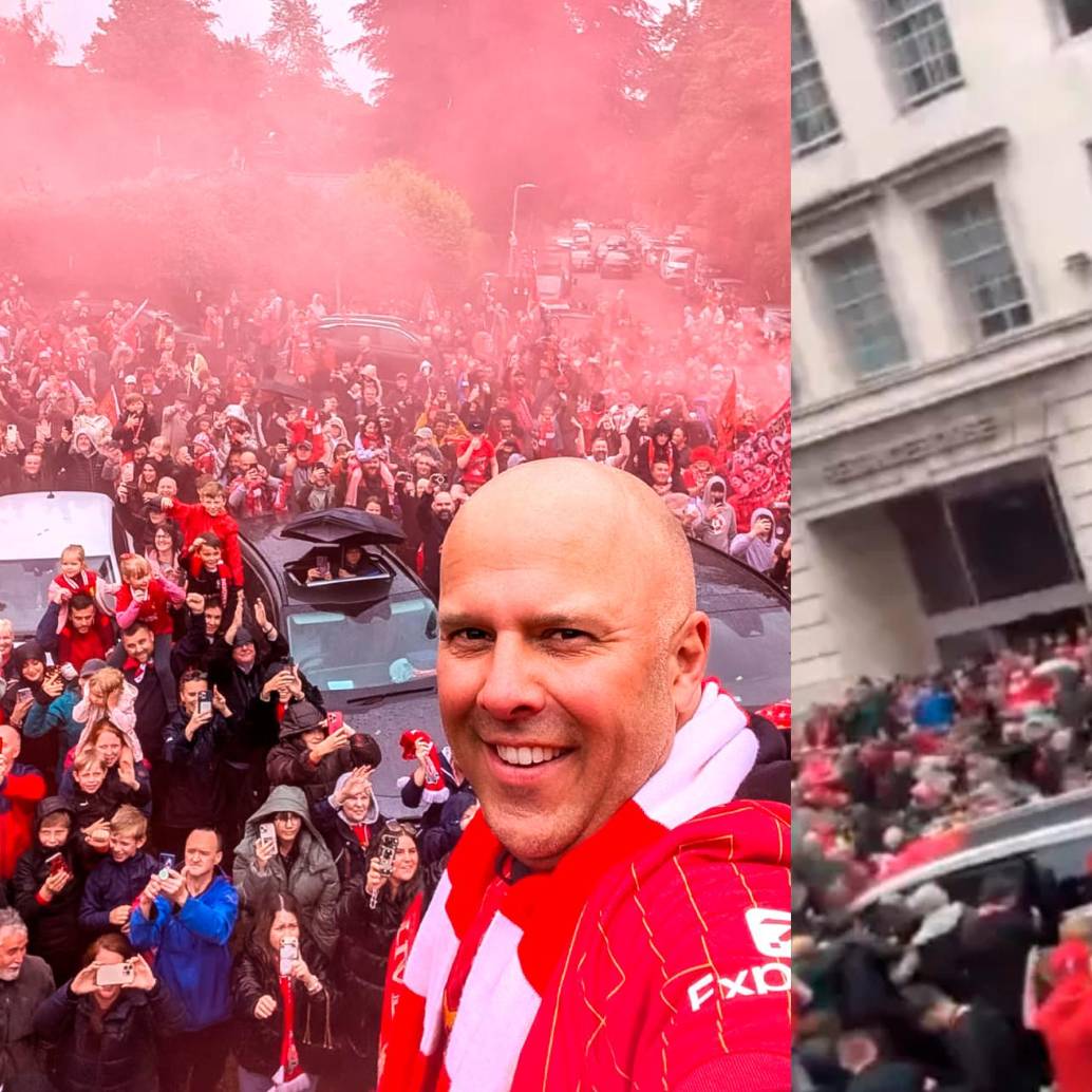 El entrenador del Liverpool Arne Slot, se tomó fotos con los aficionados felices. El accidente se registró durante la celebración en las calles de la ciudad. FOTOS: Tomada de X @LFC y captura de video