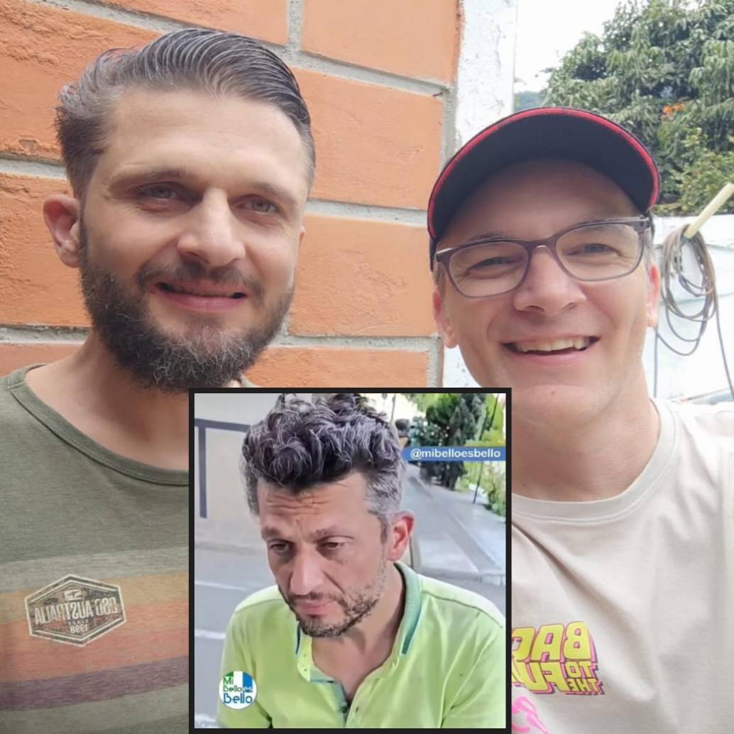 Adelante, Michael Wältl, desorientado en las calles de Bello. Atrás, a la izquierda, tras su proceso de recuperación. FOTO: Cortesía