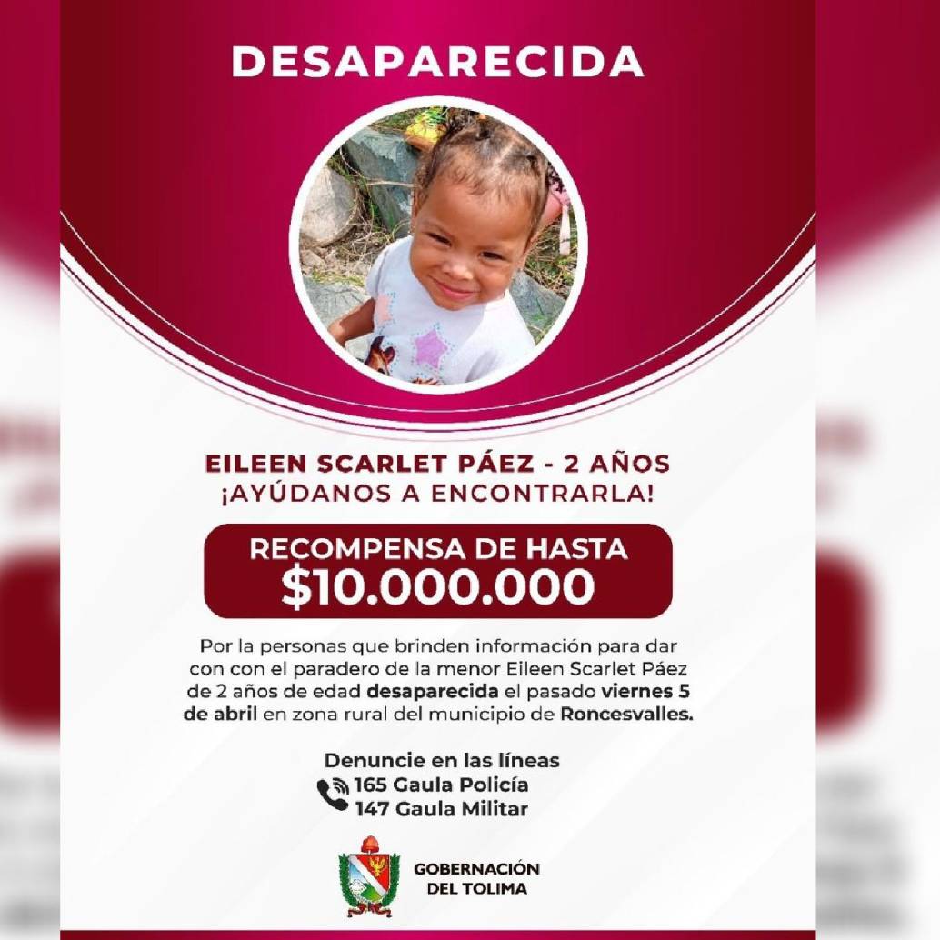 <span class="mln_uppercase_mln">La</span><b><span class="mln_uppercase_mln"> pequeña Eileen Scarlet Páez fue reportada como desaparecida el pasado viernes 5 de abril en el municipio de Roncesvalles. FOTO: Gobernación de Tolima</span></b>
