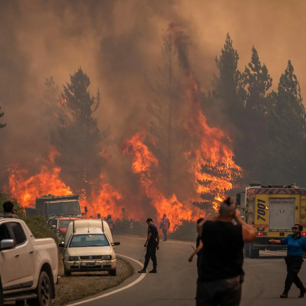 Bomberos combaten las llamas para extinguir un incendio forestal en Mount Pirque, en El Hoyo, en la región patagónica de la provincia de Chubut, en Argentina. Foto: AFP
