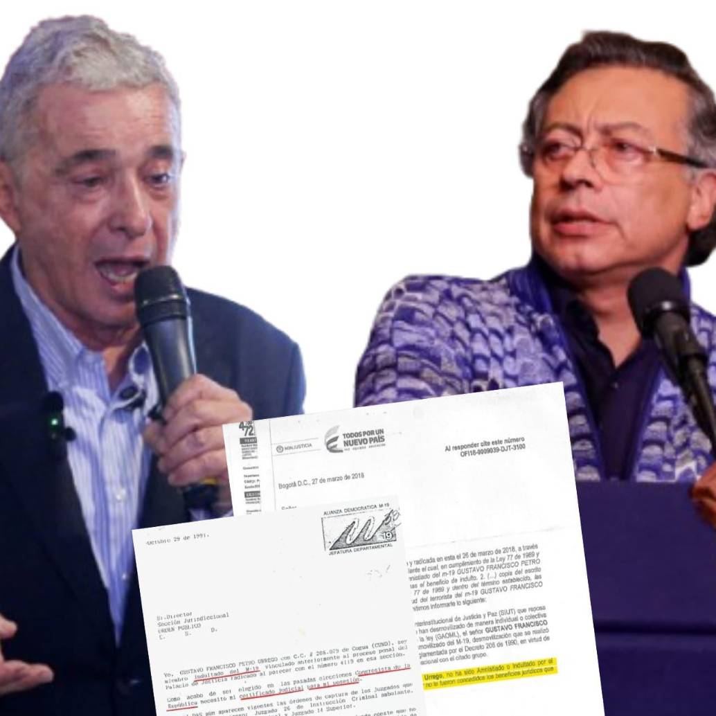Uribe y Petro se enfrentaron por una carta de 1991 que revive la polémica sobre un supuesto indulto al hoy presidente por su pasado en el M-19. FOTO: COLPRENSA/PRESIDENCIA/ARCHIVO PARTICULAR