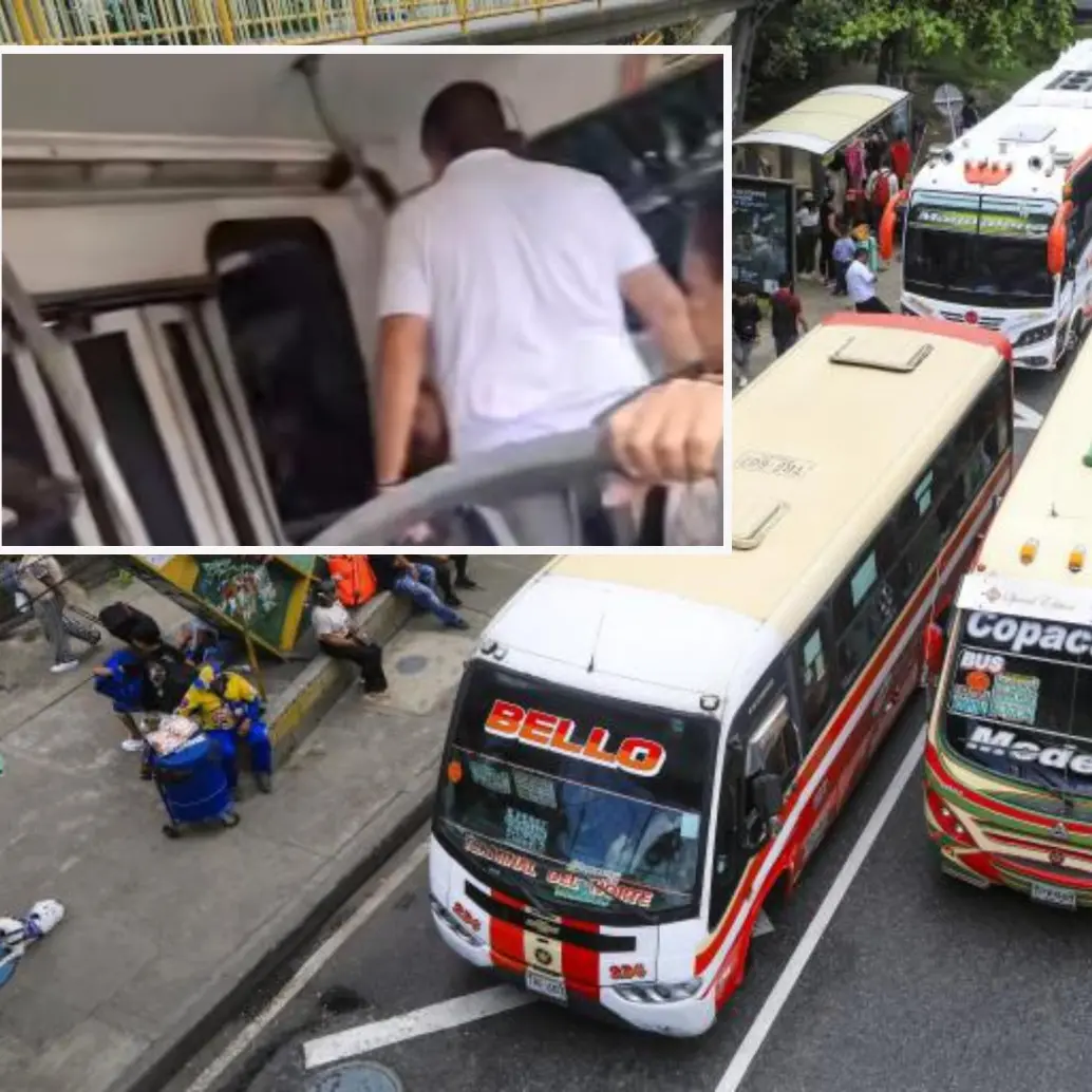 Adelante, el conductor de bus que se enfrentó contra las mujeres. Atrás, imagen de referencia de buses de la ciudad. Foto: Esneyder Gutiérrez e imagen tomada de redes.