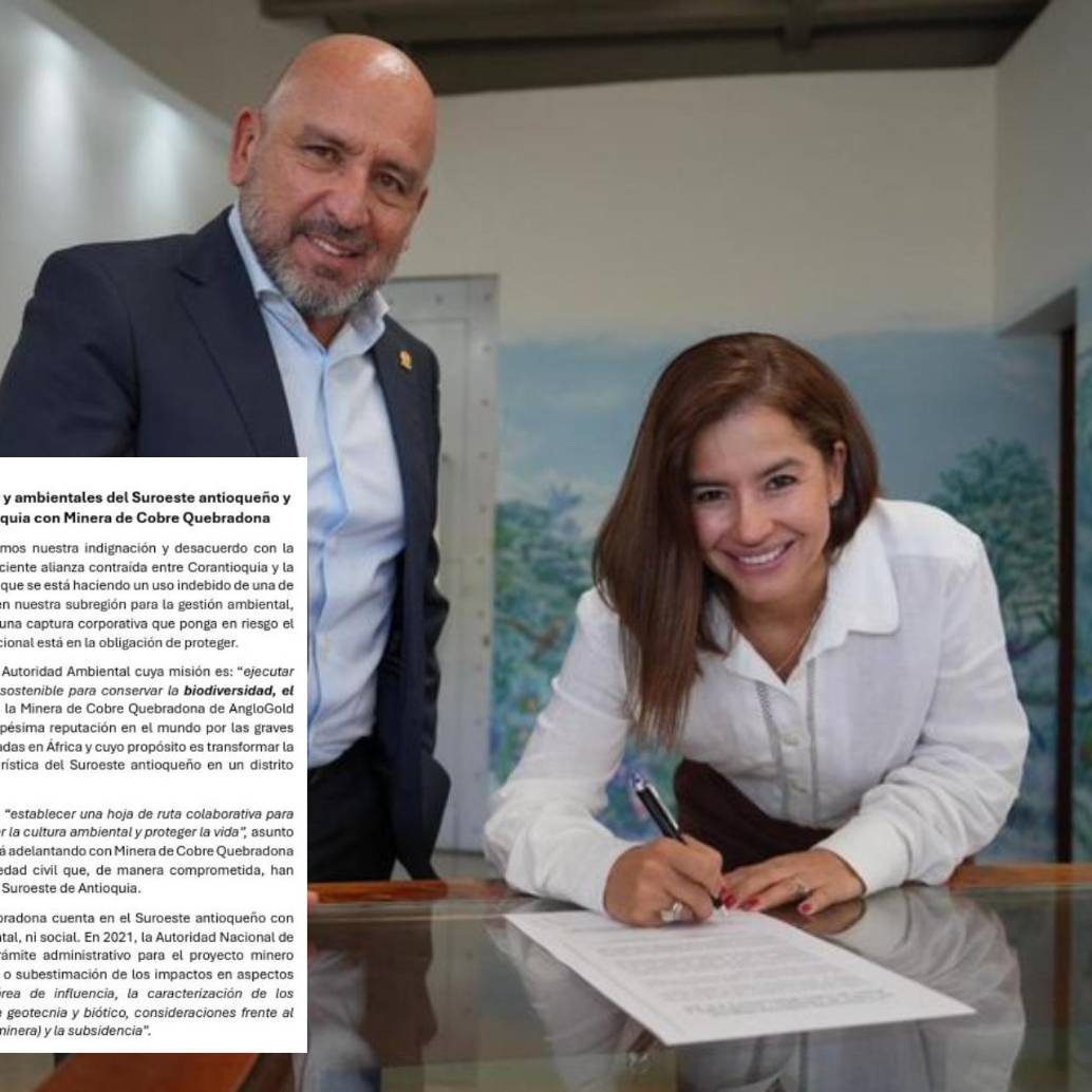 Adelante, carta de asociaciones ambientales contra la firma del acuerdo. Atrás, firma del acuerdo por parte de Corantioquia y Quebradona. FOTO: Cortesía.