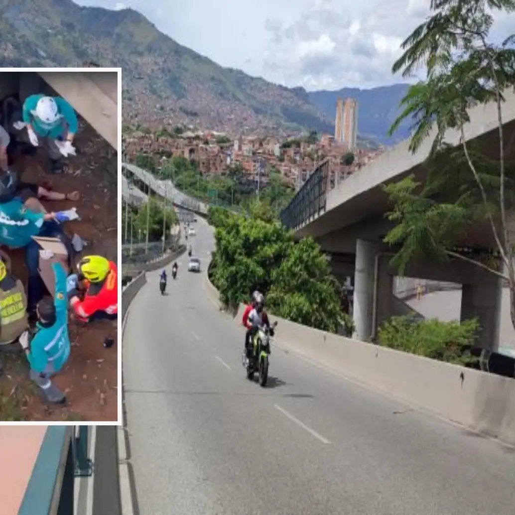 Adelante, la escena del accidente. Atrás, el Puente de la Madre Laura. FOTOS: Andrés García Hernández y cortesía Denuncias Antioquia