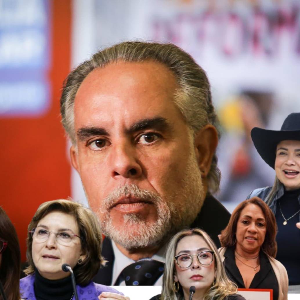 En la foto las congresistas Catherine Juvinao, Julia Miranda, Lina María Garrido, Marelen Castillo, Carolina Giraldo, Katherine Miranda y el ministro de Interior Armando Benedetti. Foto: Colprensa