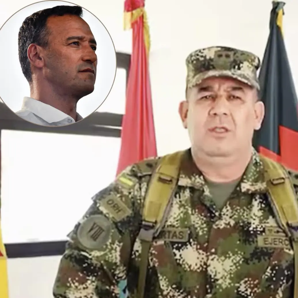 El ministro de Defensa Pedro Sánchez y el general Miguel Huertas, vinculado a grupos ilegales. Foto: captura de video y Colprensa