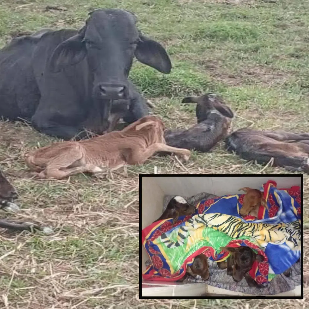La vaca “Alicia” junto a sus cuatrillizos en un campo de Nariño, Antioquia. FOTO: Imagen tomada de redes.