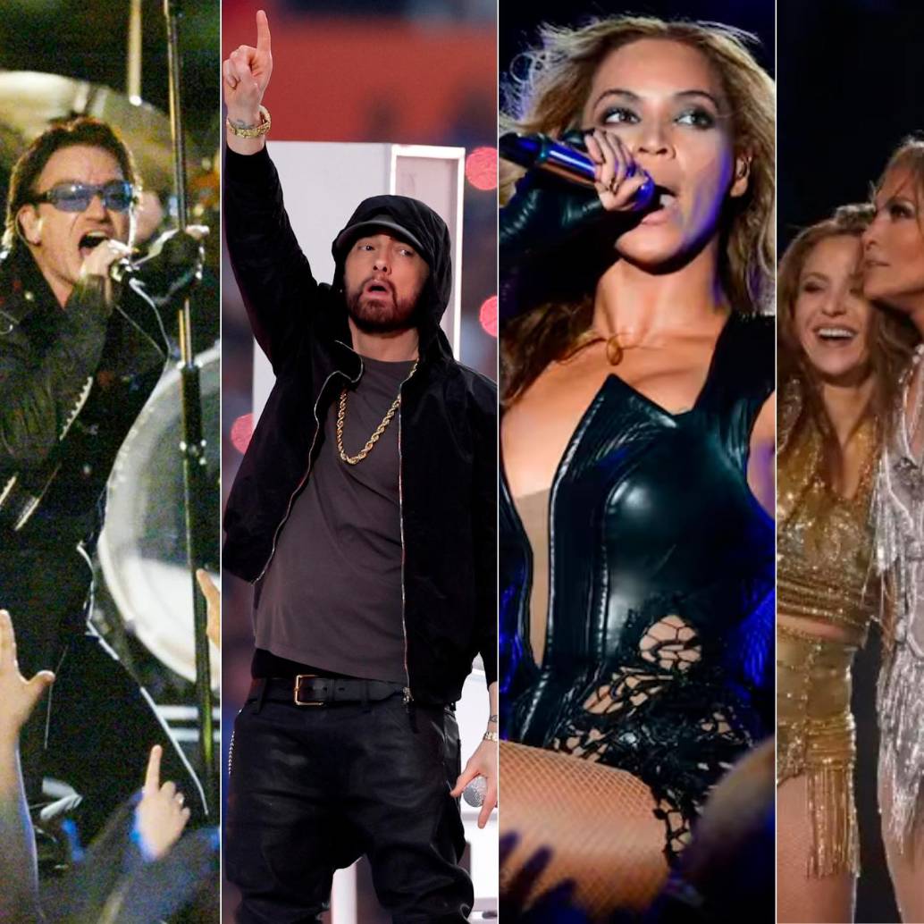 Prince, U2, Eminem y el hip hop, Beyoncé en 2013 y Shakira y JLo en 2020, hacen parte de los grandes espectáculos que se han presentado en el Super Bowl. FOTOS AFP y Getty