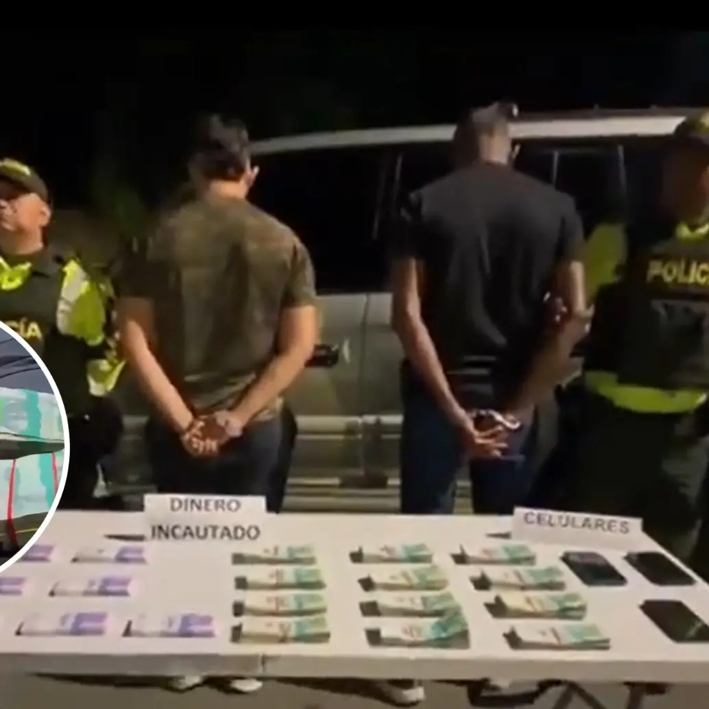 Además del dinero, en el operativo fueron incautados tres equipos de <b>comunicación y el vehículo en el que se movilizaban los capturados. </b>Foto: Policía Nacional del Valle