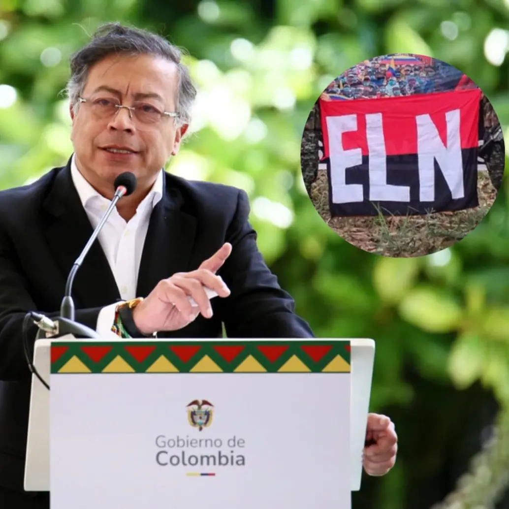 El presidente de Colombia, Gustavo Petro; y una bandera del ELN. FOTOS: COLPRENSA