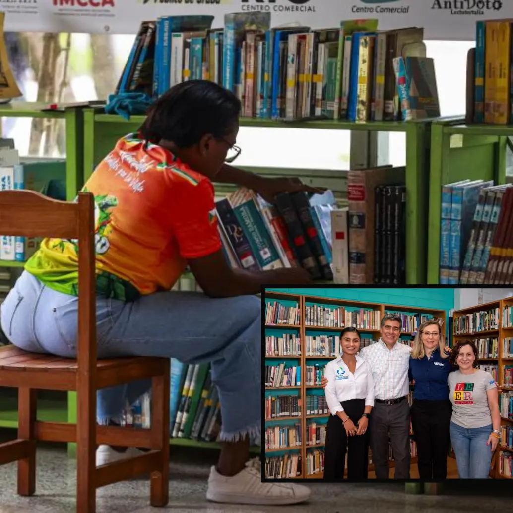 Adelante, los directivos de las entidades que hicieron posible la entrega de las bibliotecas. Atrás ,imagen de referencia de una biblioteca pública. FOTO: Cortesía y Manuel Saldarriaga.
