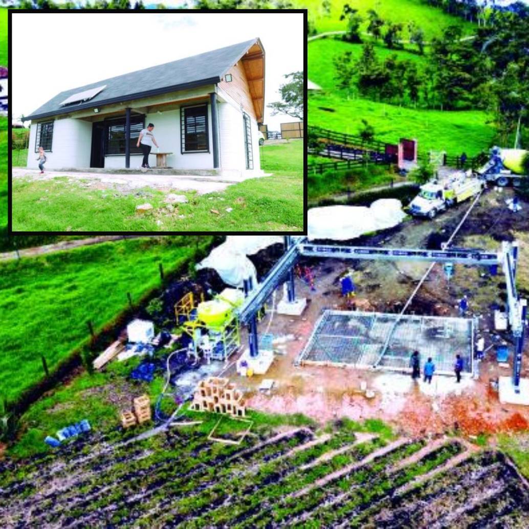 Adelante, la construcción final. Atrás, el proceso de “impresión” de la casa de Liana en La Unión. 