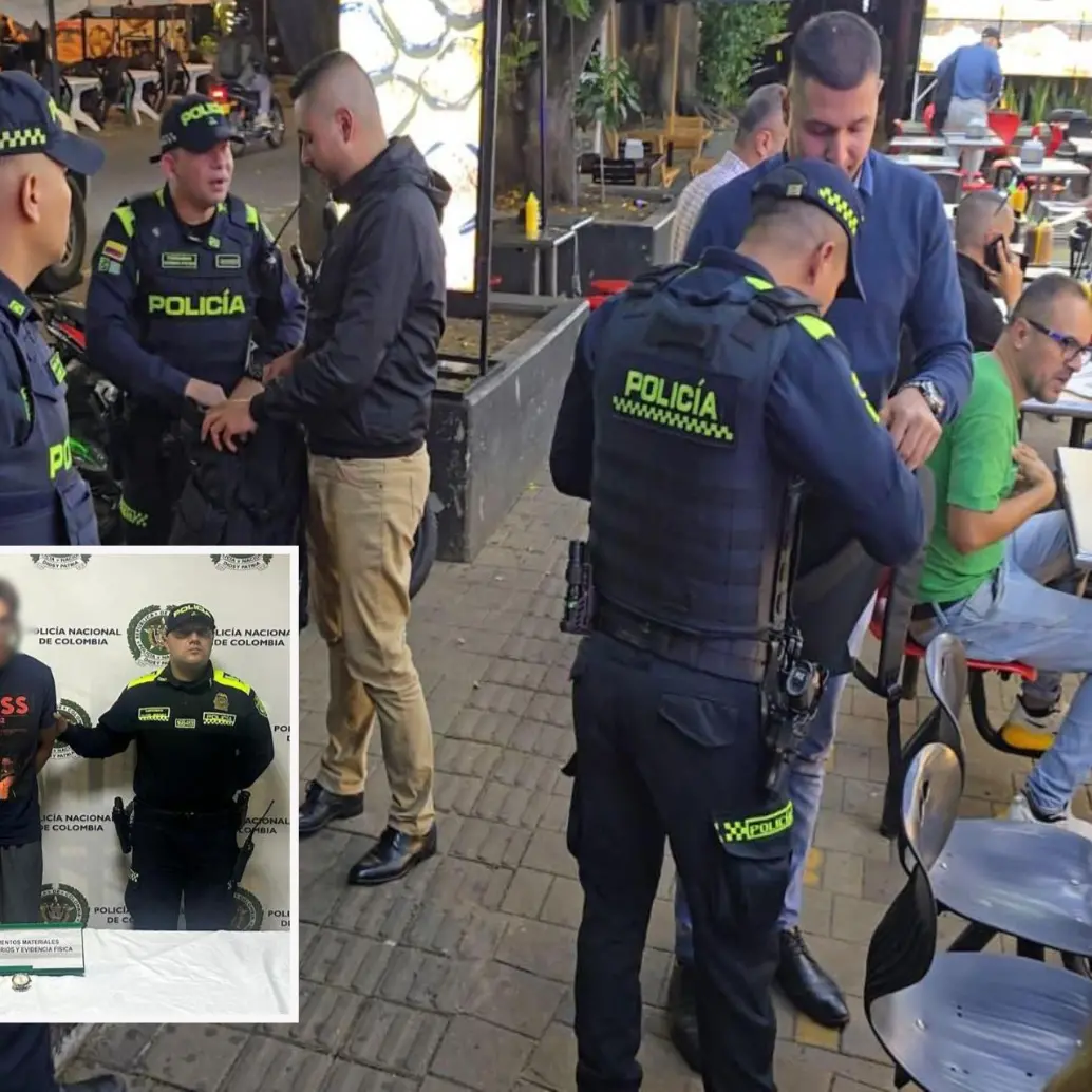 Adelante, uno de los detenidos por el robo de relojes de lujo en la ciudad. Atrás, operativo en El Poblado. FOTO: Cortesía