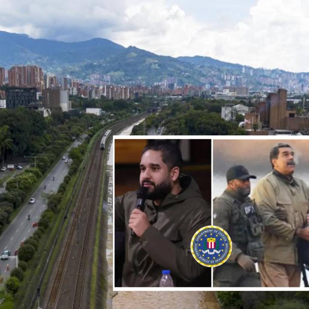 Adelante, Nicolas Maduro Guerra, “Nicolasito”, y su padre el dictador Nicolás Maduro. Atrás, panorámica de Medellín. Foto: Andrés Camilo Suárez Echeverry.