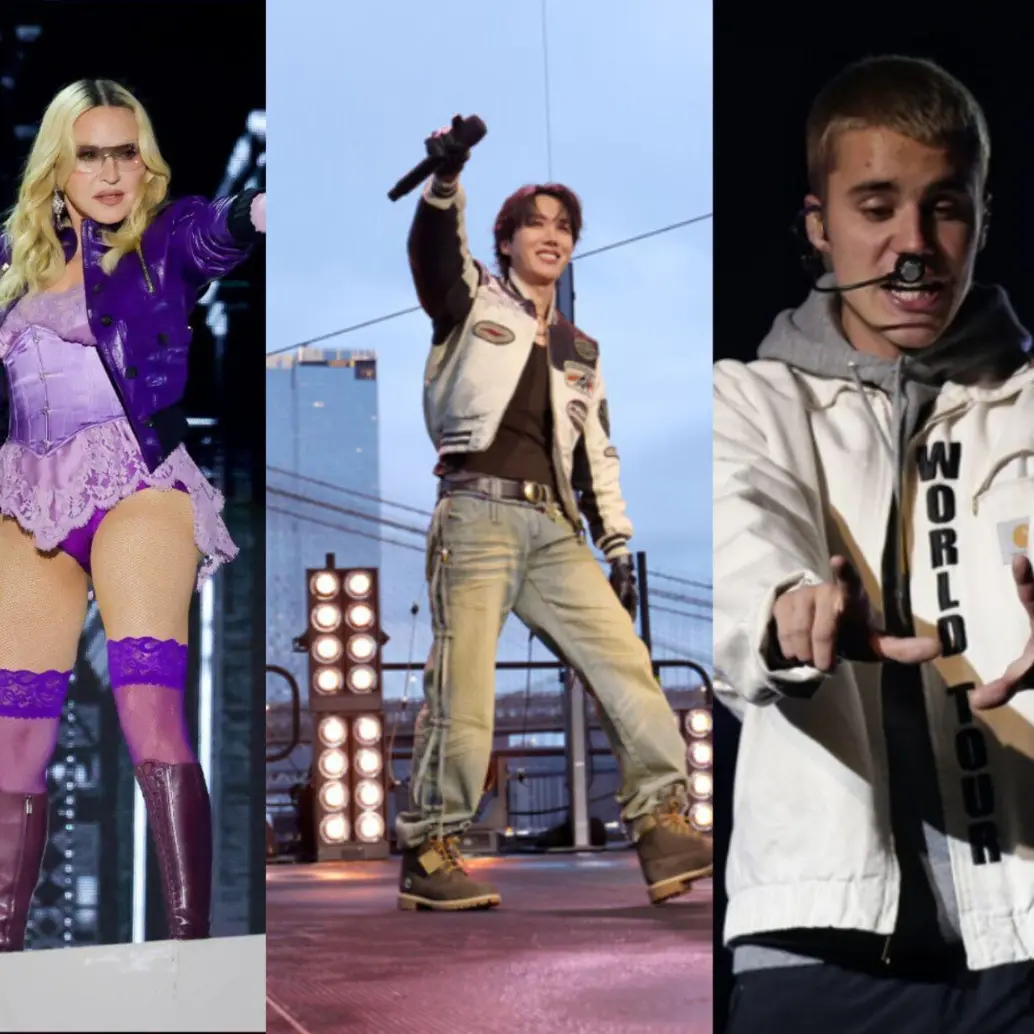 Shakira, Madonna, BTS y Justin Bieber serán algunos de los artistas del show del entretiempo de la final del Mundial 2026. Fotos: Getty Images y Colprensa