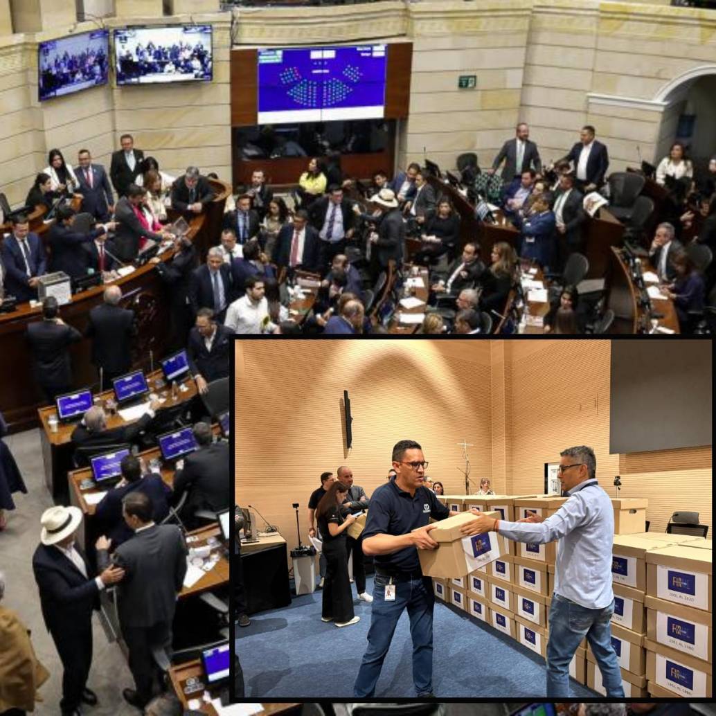 Adelante, la recolección de firmas para el referendo. Atrás, el Congreso de la República. (Colprensa - Cristian Bayona).