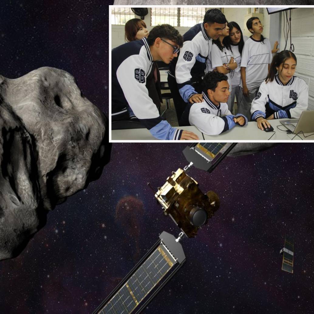 Adelante, un grupo de estudiantes antioqueños en la búsqueda de posibles asteroides. Atrás, imagen ilustrativa de la Nasa. FOTO: Cortesía e imagen tomada de redes.