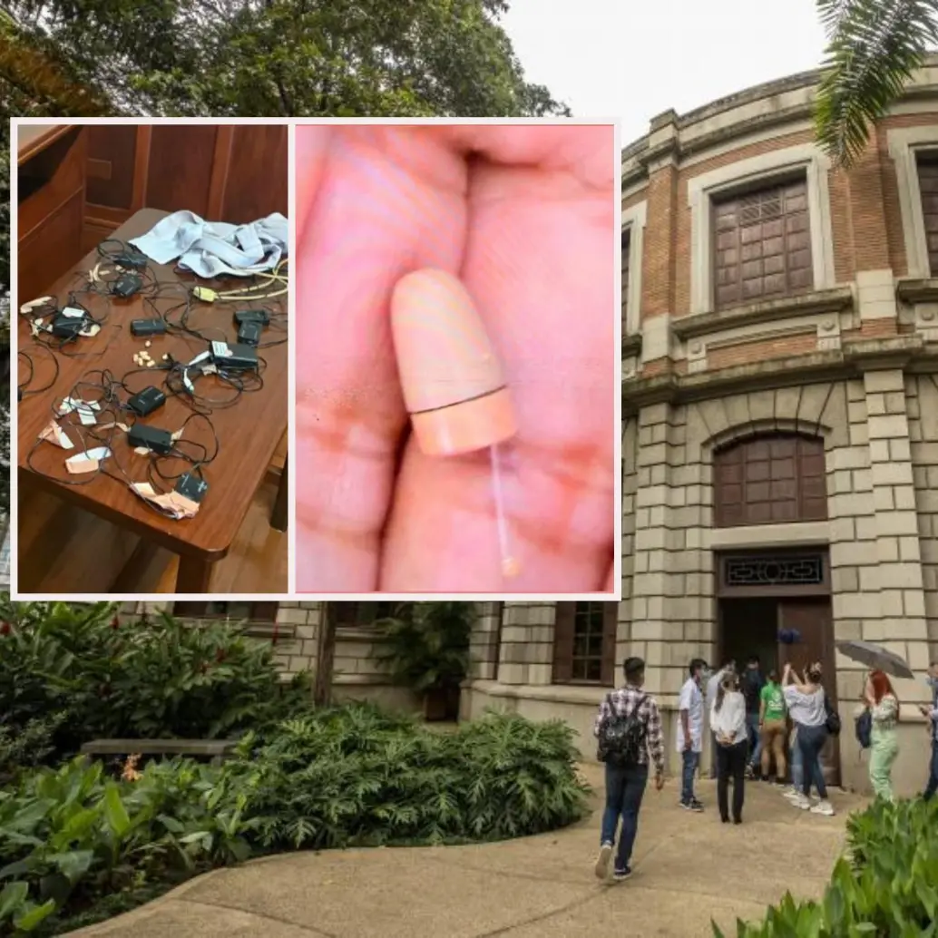adelante, los dispositivos hallados en el examen. Atrás, detalle de la Facultad de Medicina de la Universidad de Antioquia. Foto: Andrés Camilo Suárez Echeverry y Cortesía.