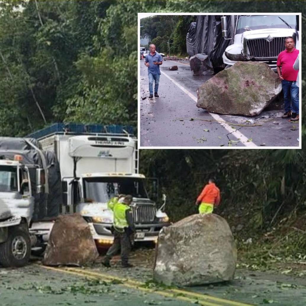 Así quedó el vehículo tras la caída de las piedras en La Pintada. FOTO: imagen tomada de redes.