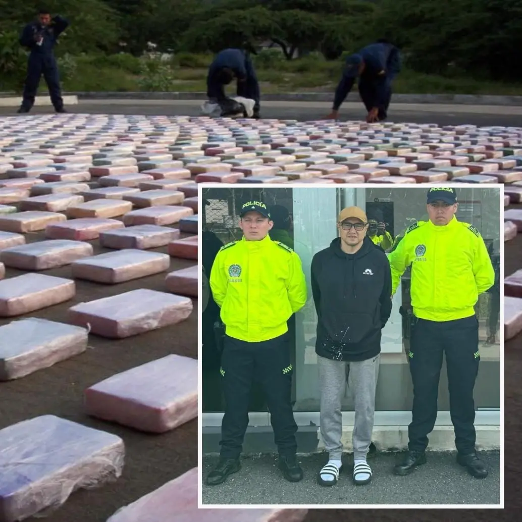 Adelante, el presunto narco implicado. Atrás, imagen de referencia de un cargamento de cocaína decomisado. FOTO: (COLPRENSA – HOY DIARIO DEL MAGDALENA).