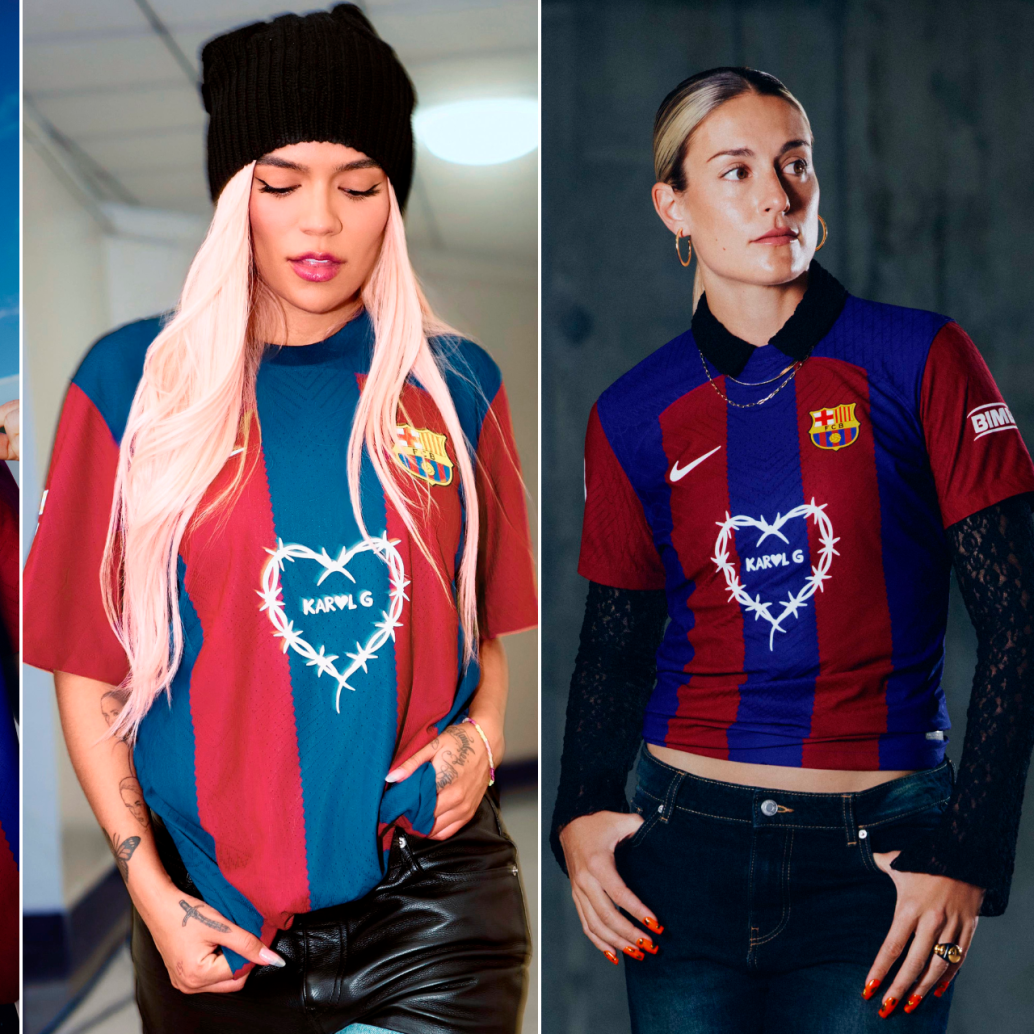 Esta es la imagen oficial de la camiseta del Barça con el logo de Karol G. En la imagen Robert Lewandowski, Karol G y Alexia Putellas. FOTO Cortesía Spotify