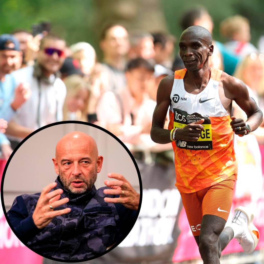 Andy Jones (en el círculo) hizo parte del equipo del corredor Eliud Kipchoge (foto grande), uno de los mejores maratonistas del mundo. FOTO Camilo Suárez / Getty