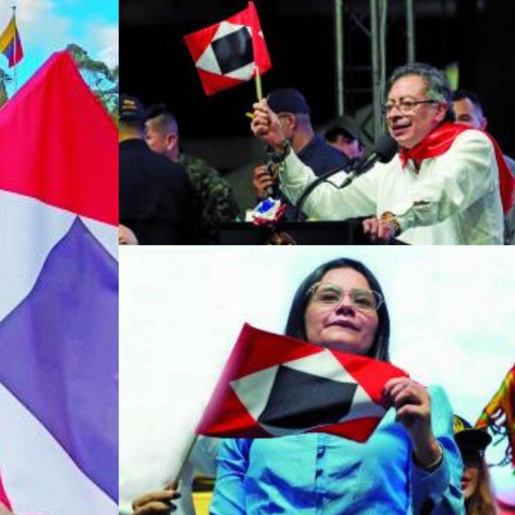 El presidente Gustavo Petro presentó por primera vez en plaza pública la bandera de guerra a muerte el pasado primero de mayo; se han pegado de ella Angie Rodrígez y Daniel Quintero. FOTO Presidencia y captura de video