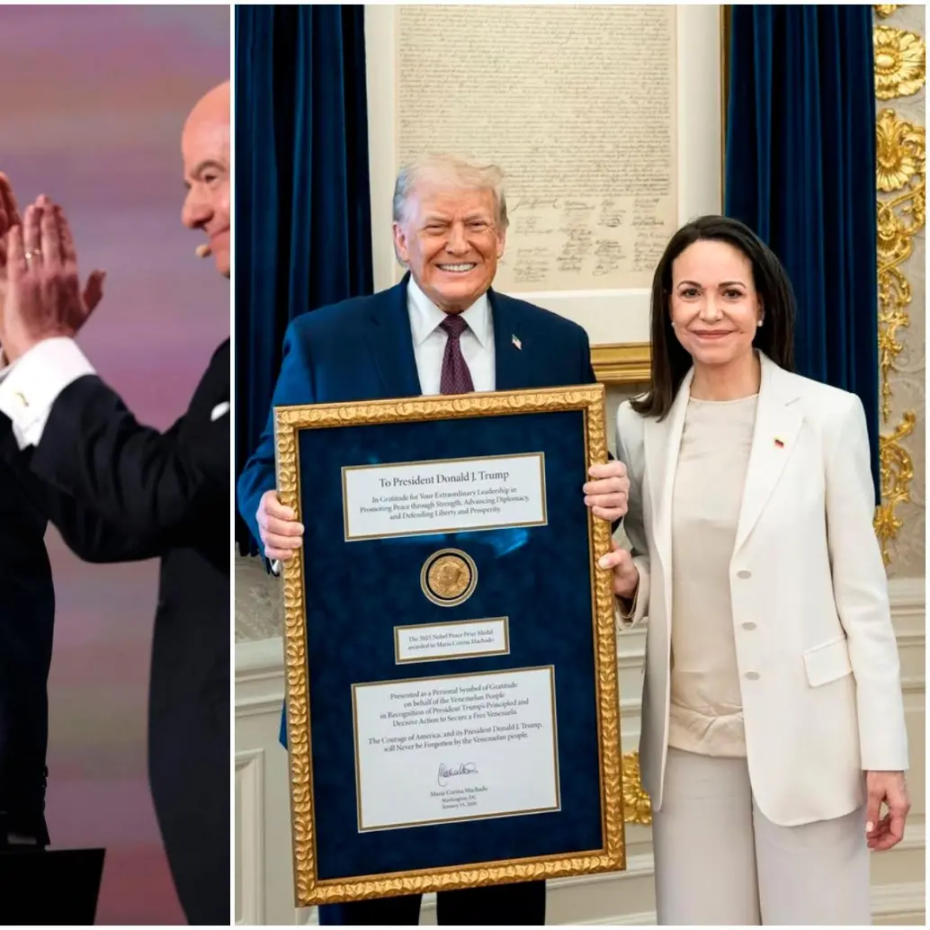 Trump convirtió el premio Nobel de Paz en su obsesión. La Fifa le entregó un reconocimiento por su contribución a la paz y María Corina Machado le regaló la medalla que ella recibió tras ganar el premio entregado por el Comité Noruego del Nobel. FOTOS: Tomadas de Instagram @gianni_infantino y @potus